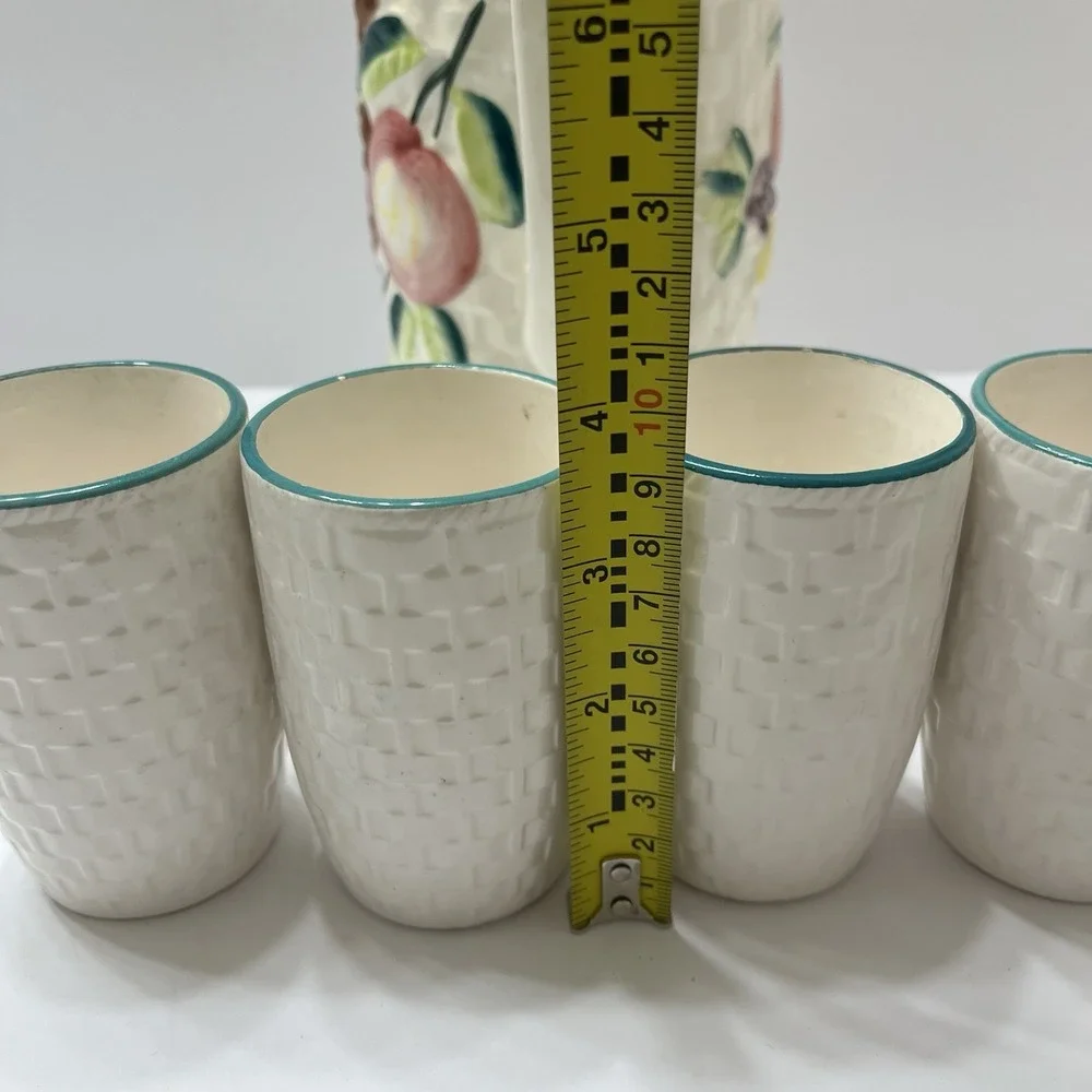 Vintage Hand-Painted Ceramic Picture Basket Weave Tropical Fruit 5 Tumblers